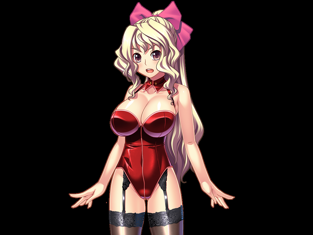 1girl, blonde_hair, breasts, brown_eyes, cleavage, female, garter_straps, hair_ribbon, large_breasts, legs, lingerie, long_hair, looking_at_viewer, mizugi_shoujo_to_biyaku_ice:_zannen_na_kanojo_no_shitsukekata_oshiemasu, navel, open_mouth, ponytail, ribbon, ryuuou_hadzuki, simple_background, solo, standing, thigh-highs, thighs, underwear