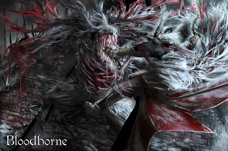 1boy, battle, bloodborne, cape, cleric_beast, copyright_name, from_software, hunter_(bloodborne)