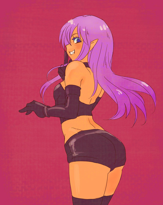 1girl, aoi_sekai_no_chuushin_de, ass, bare_back, bare_shoulders, bare_thighs, black_elbow_gloves, black_gloves, black_short_shorts, black_shorts, black_thighhighs, breasts, elbow_gloves, feet_out_of_frame, finger_to_mouth, gloves, grin, legs, legs_together, long_hair, looking_back, medium_breasts, midriff, nel_(aoi_sekai_no_chuushin_de), open_eyes, open_mouth, pointy_ears, purple_hair, short_shorts, shorts, sideboob, simple_background, smile, solo, teeth, thigh-highs, thighs, violet_eyes