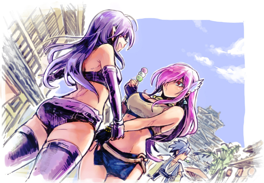 1boy, 2girls, aoi_sekai_no_chuushin_de, ass, bare_shoulders, belt, blue_hair, bra, breasts, closed_eyes, elbow_gloves, fingerless_gloves, gear_(aoi_sekai_no_chuushin_de), gloves, hair_ornament, hair_over_one_eye, hand_grab, happy, jewelry, large_breasts, long_hair, midriff, multiple_girls, necklace, nel_(aoi_sekai_no_chuushin_de), open_mouth, panties, pointy_ears, purple_hair, red_eyes, skirt, thigh-highs, underwear