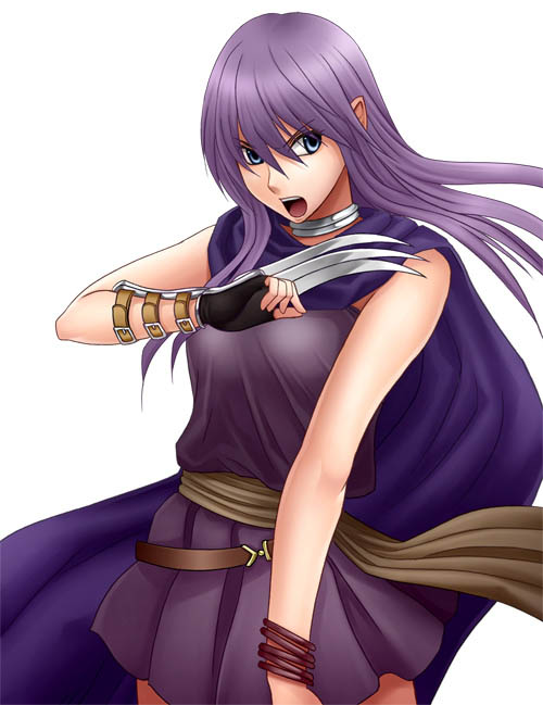 1girl, aoi_sekai_no_chuushin_de, bare_shoulders, belt, blue_eyes, long_hair, miniskirt, nel_(aoi_sekai_no_chuushin_de), open_mouth, pointy_ears, purple_hair, simple_background, skirt, solo, weapon