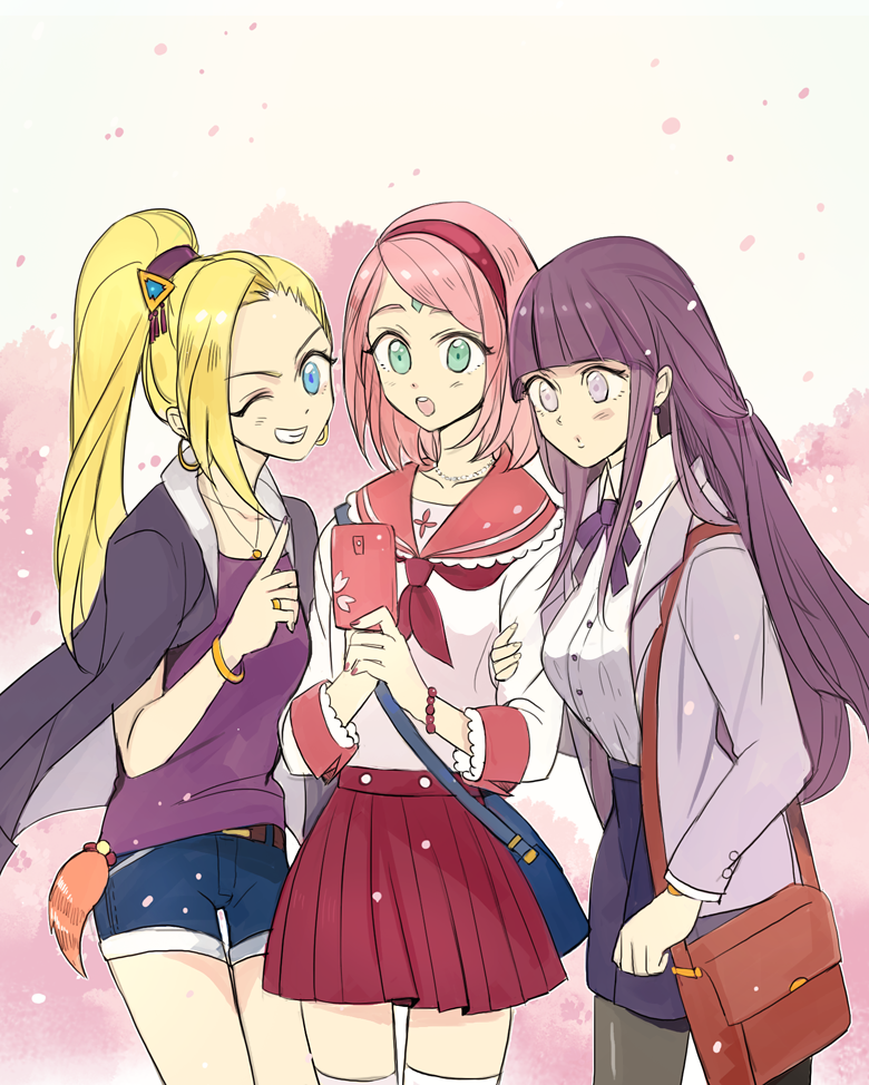 3girls, bag, blonde_hair, blue_eyes, blush, boring_(brtgm), bracelet, casual, cellphone, denim, denim_shorts, earrings, facial_mark, female, forehead_mark, green_eyes, haruno_sakura, hime_cut, hyuuga_hinata, jewelry, lavender_eyes, multiple_girls, naruto, naruto_shippuuden, necklace, pantyhose, petals, phone, pink_hair, ponytail, purple_hair, ring, school_uniform, shorts, shoulder_bag, skirt, smartphone, thigh-highs, wink, yamanaka_ino