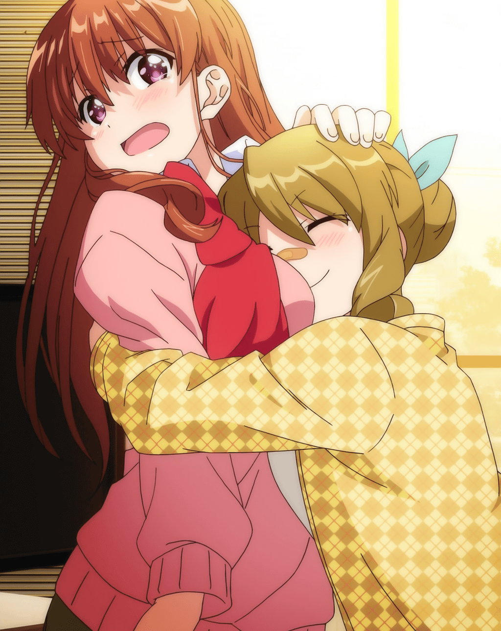 2girls, animated, animated_gif, between_breasts, blonde_hair, bouncing_breasts, breast_grab, breasts, brown_hair, grabbing, hug, koufuku_graffiti, long_hair, machiko_akira, machiko_ryou, multiple_girls, school_uniform, violet_eyes, yuri