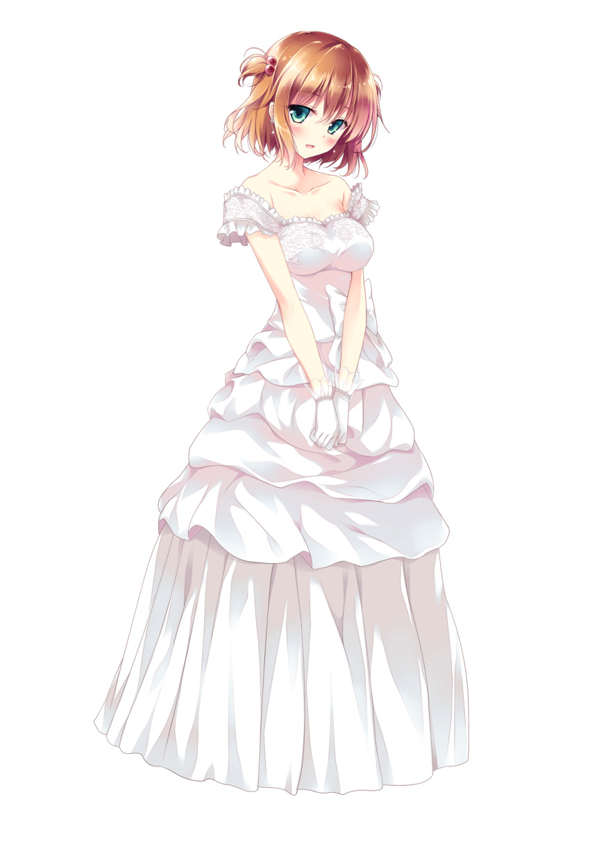 1girl, bare_shoulders, blush, breasts, collarbone, dress, game_cg, gloves