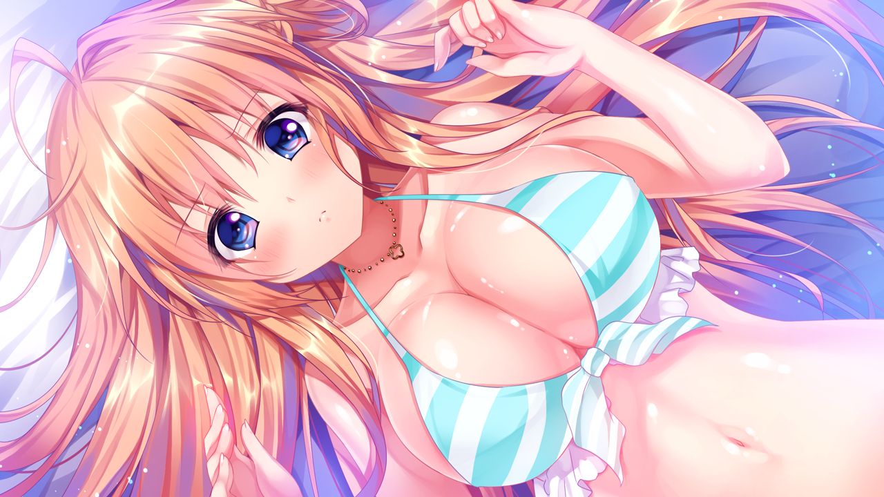 1girl, bare_shoulders, bed, bikini, blue_eyes, blush, breasts, cleavage
