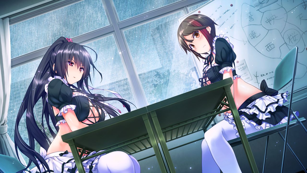 2girls, blush, breasts, chair, cleavage, game_cg, kamura_masaki, kino_(kino_konomi)