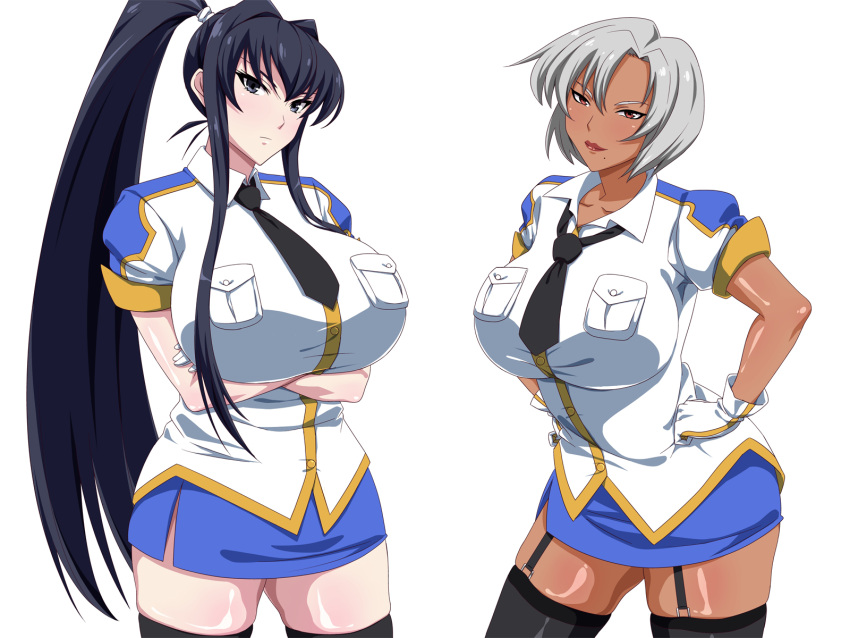 2girls, black_eyes, black_hair, breast_hold, breasts, curvy, dark_skin, grey_hair