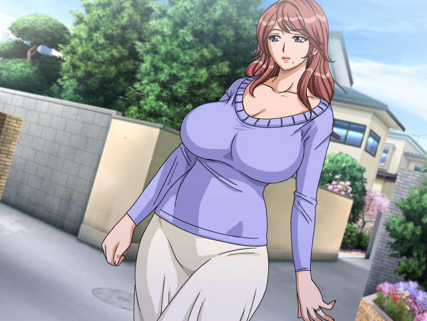 1girl, breasts, brown_hair, gaden, huge_breasts, milf, mole, violet_eyes