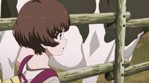 1girl, animal, animated, animated_gif, brown_hair, cow, kunogi_ai, scared