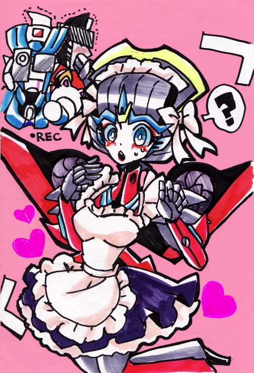 1boy, 2girls, ?, apron, autobot, blue_eyes, blush, breasts