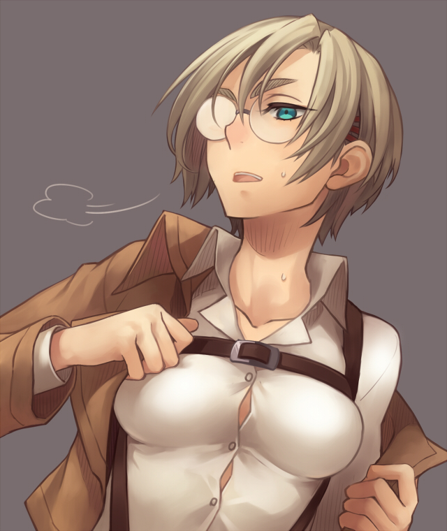 1girl, breasts, glasses, jacket, rico_brzenska, shingeki_no_kyojin, short_hair, simple_background, solo, sweat, sweatdrop, tkemn