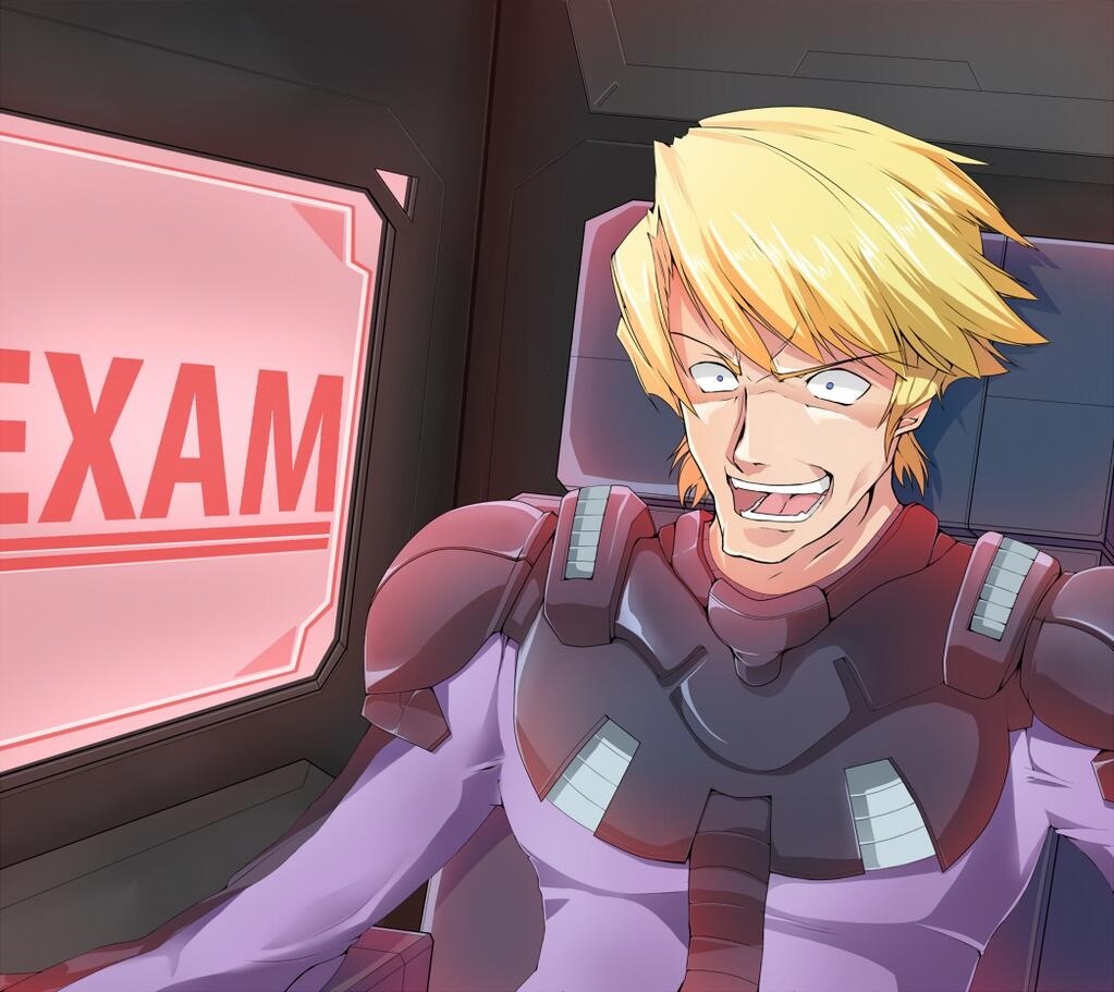 1boy, blonde_hair, cockpit, crazy, gekishinn, gundam, gundam_side_story:_the_blue_destiny, male_focus