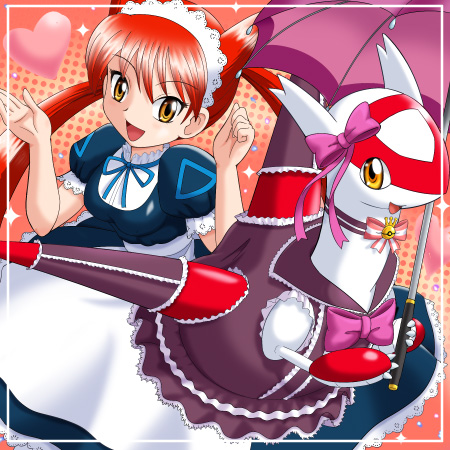 1girl, alternate_form, bow, creature_and_personification, dress, dual_persona, heart, latias