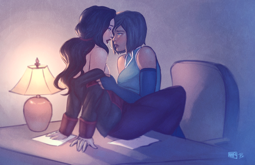 2girls, alternate_hair_length, alternate_hairstyle, asami_sato, avatar:_the_last_airbender, avatar_legends, bare_shoulders, black_hair