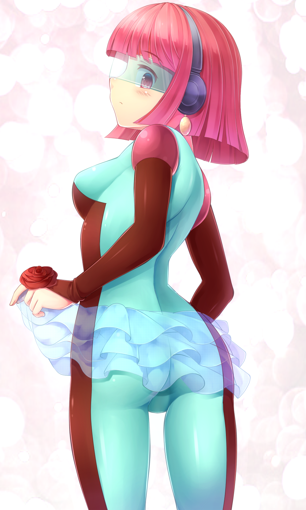 1girl, ass, blush, bodysuit, breasts, cyber_tutu, duel_monster, eyeshield