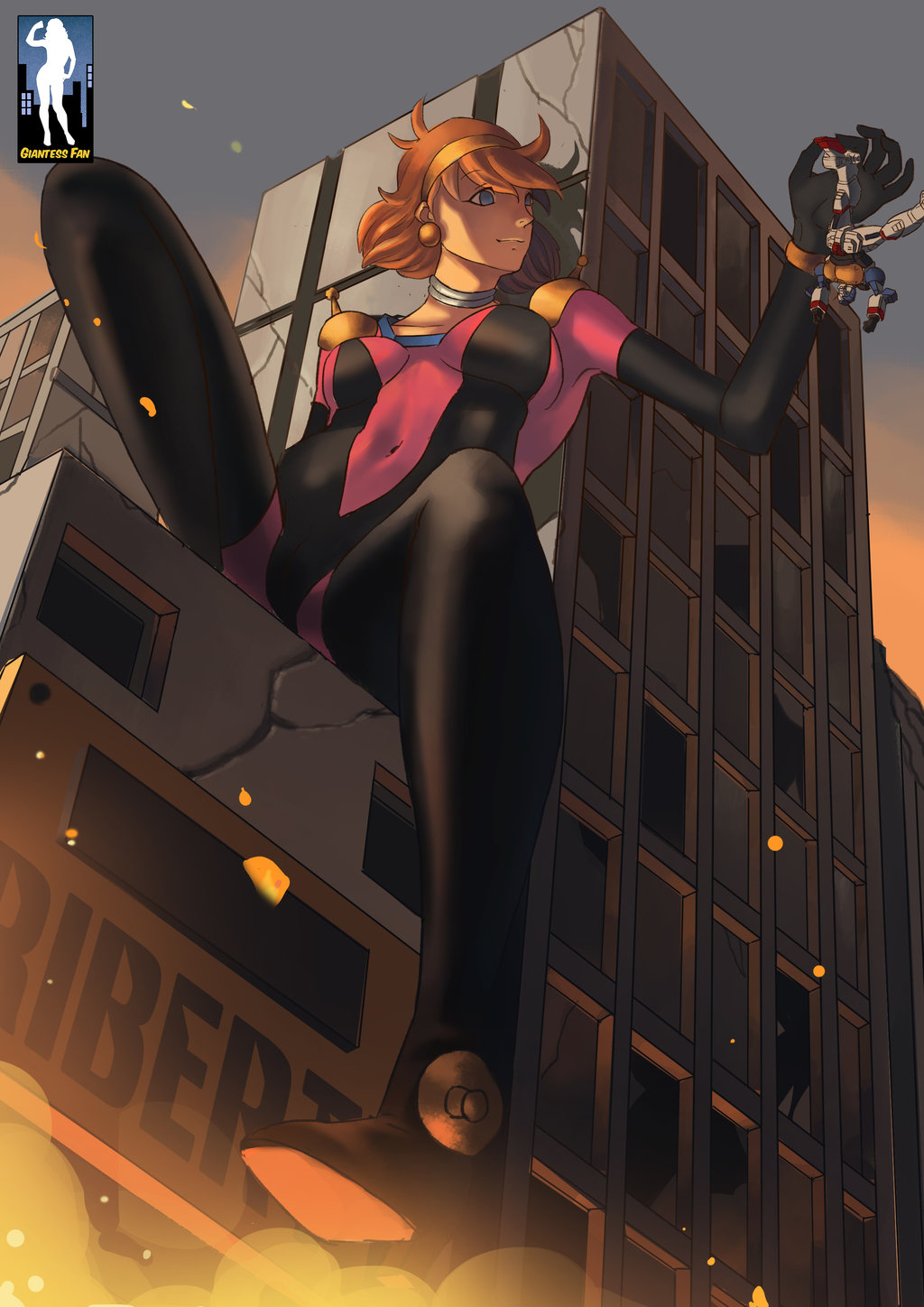 1girl, bodysuit, building, g_gundam, giantess, gundam, gundam_maxter, maxter_gundam
