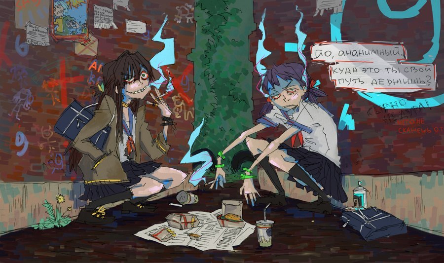 2girls, banhammer-tan, bracelet, brown_hair, fast_food, food, hamburger, jewelry