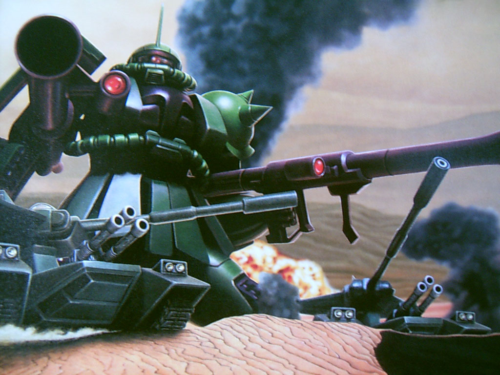 dual_wielding, gundam, magella_attack, mecha, mobile_suit_gundam, rocket_launcher, smoke, tank