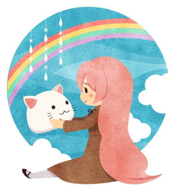 cat_hat, hat, long_hair, megurine_luka, megurine_luka_(toeto), pantyhose, pink_hair, rainbow