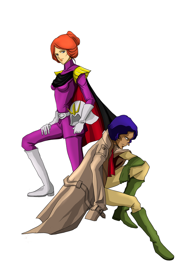 1boy, 1girl, boots, gloves, gundam, helmet, kycilia_zabi, m'quve