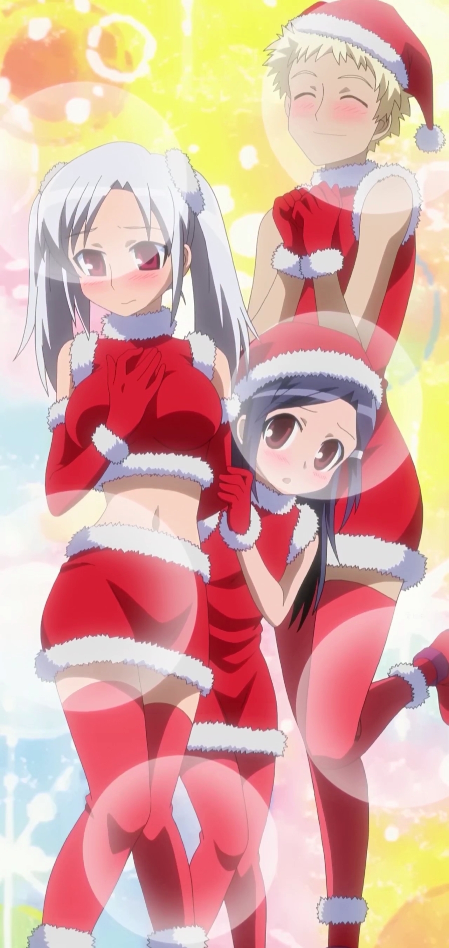 1boy, 2girls, blonde_hair, blush, breasts, brown_eyes, crossdressinging, gloves