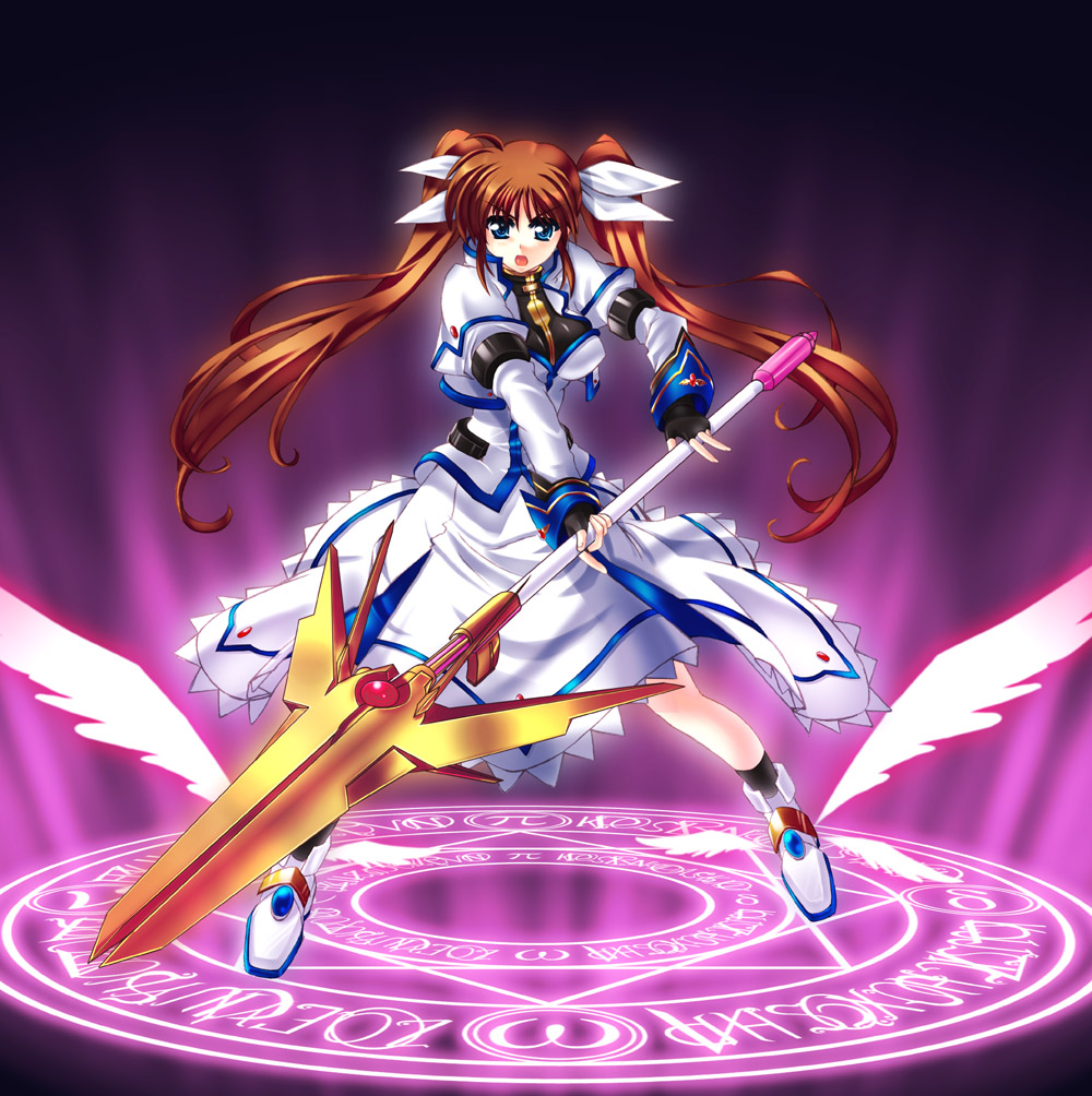 blue_eyes, brown_hair, dress, fingerless_gloves, gloves, iga_tamaki, long_hair, magic_circle
