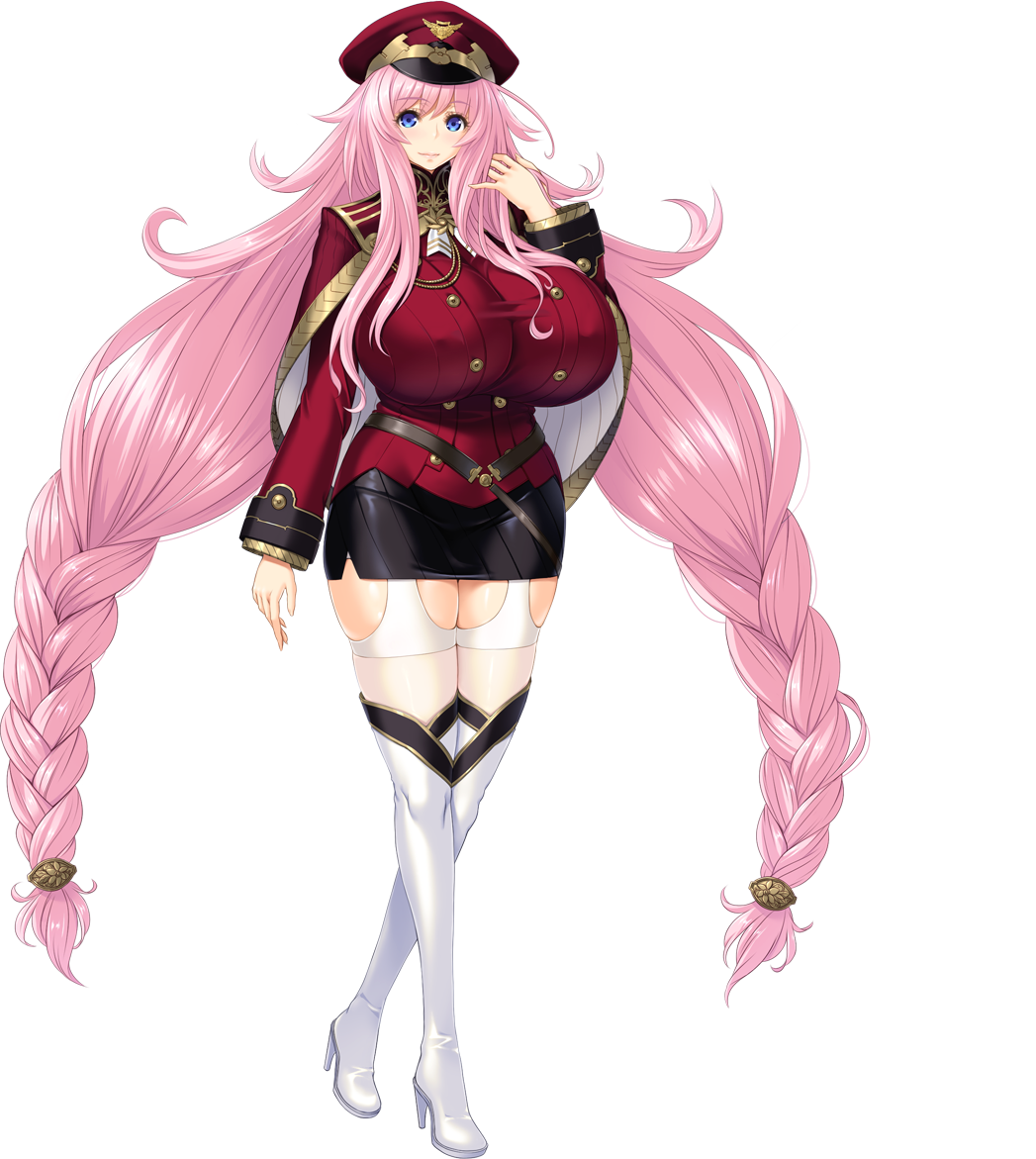 1girl, akihabara_momoko, blue_eyes, boots, breasts, garter_straps, gigantic_breasts, hat, hayama_kazusa, high_heel_boots, high_heels, hoshizora_no_babylon, huge_breasts, impossible_clothes, impossible_shirt, legs, long_hair, looking_at_viewer, military, military_uniform, miniskirt, peaked_cap, pencil_skirt, pink_hair, shirt, simple_background, skindentation, skirt, smile, solo, thigh-highs, thigh_boots, thighs, transparent_background, twin_braids, uniform, very_long_hair, white_legwear, zettai_ryouiki