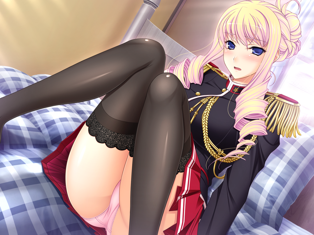 1girl, bed, bertille_althusser, blonde_hair, blue_eyes, blush, breasts, drill_hair