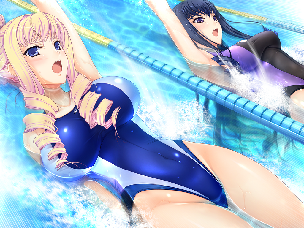 2girls, alice_weinberg, armpits, arms_up, bertille_althusser, blonde_hair, blue_eyes, blue_hair