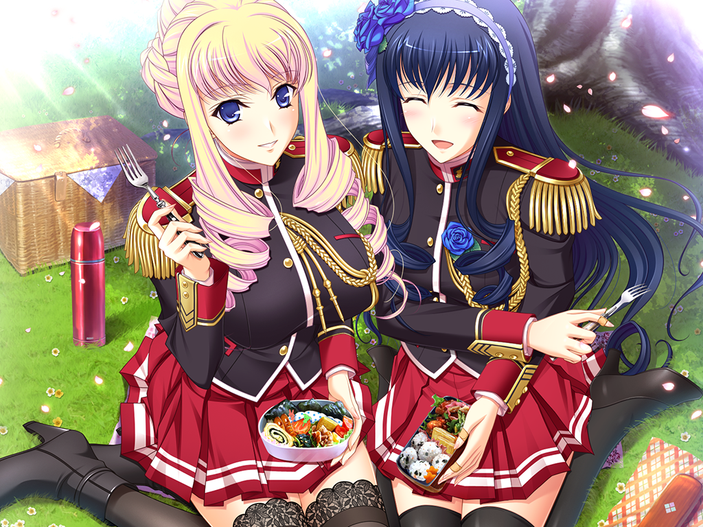 2girls, alice_weinberg, basket, bertille_althusser, black_legwear, blonde_hair, blue_eyes, blue_hair