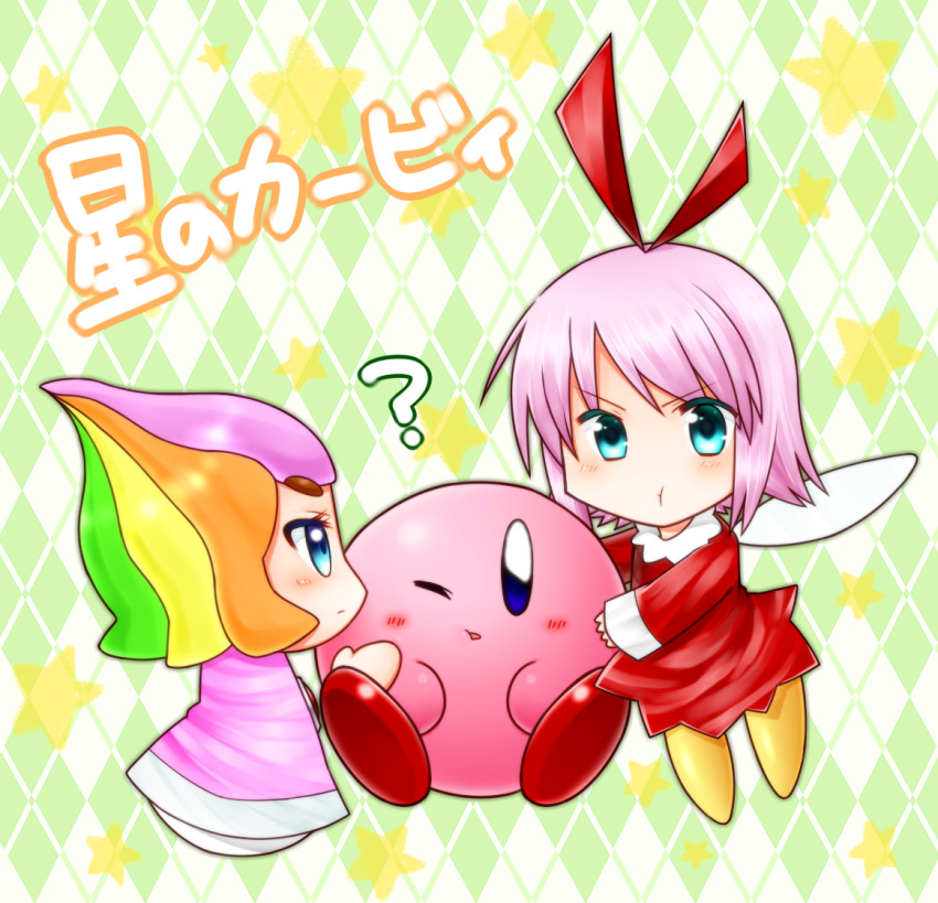1boy, 2girls, ?, blue_eyes, blush, elline, fairy, kirby, kirby_(series), kirby_64, kirby_and_the_rainbow_curse, multicolored_hair, multiple_girls, nintendo, pink_hair, rainbow_hair, ribbon_(kirby), rivalry, short_hair, umino-maguro, wings
