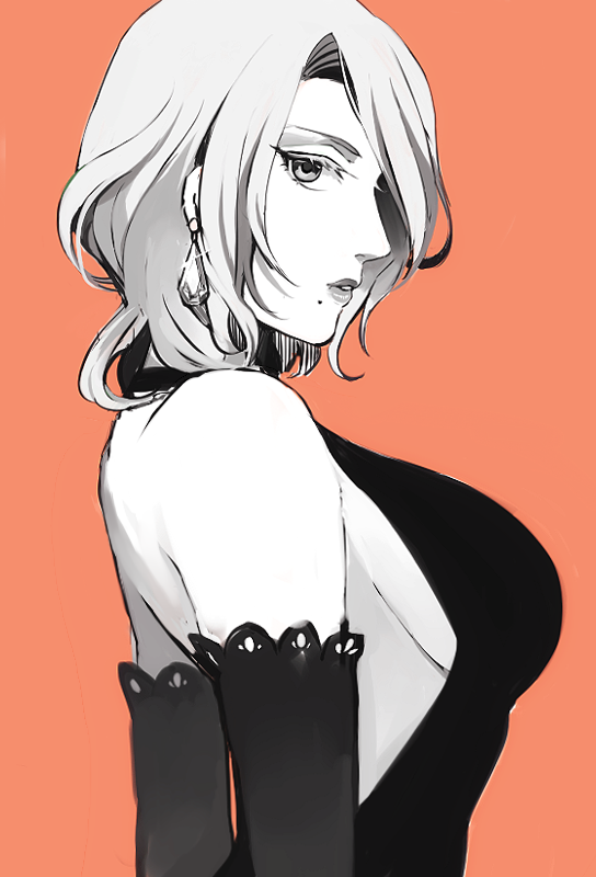 1girl, apg0w0, bleach, dress, earrings, elbow_gloves, formal, gloves, jewelry, looking_at_viewer, matsumoto_rangiku, mole, solo