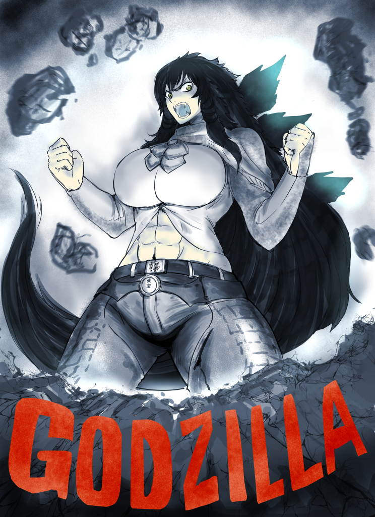 breasts, giantess, godzilla, godzilla_(series), huge_breasts, muscle, personification, roaring