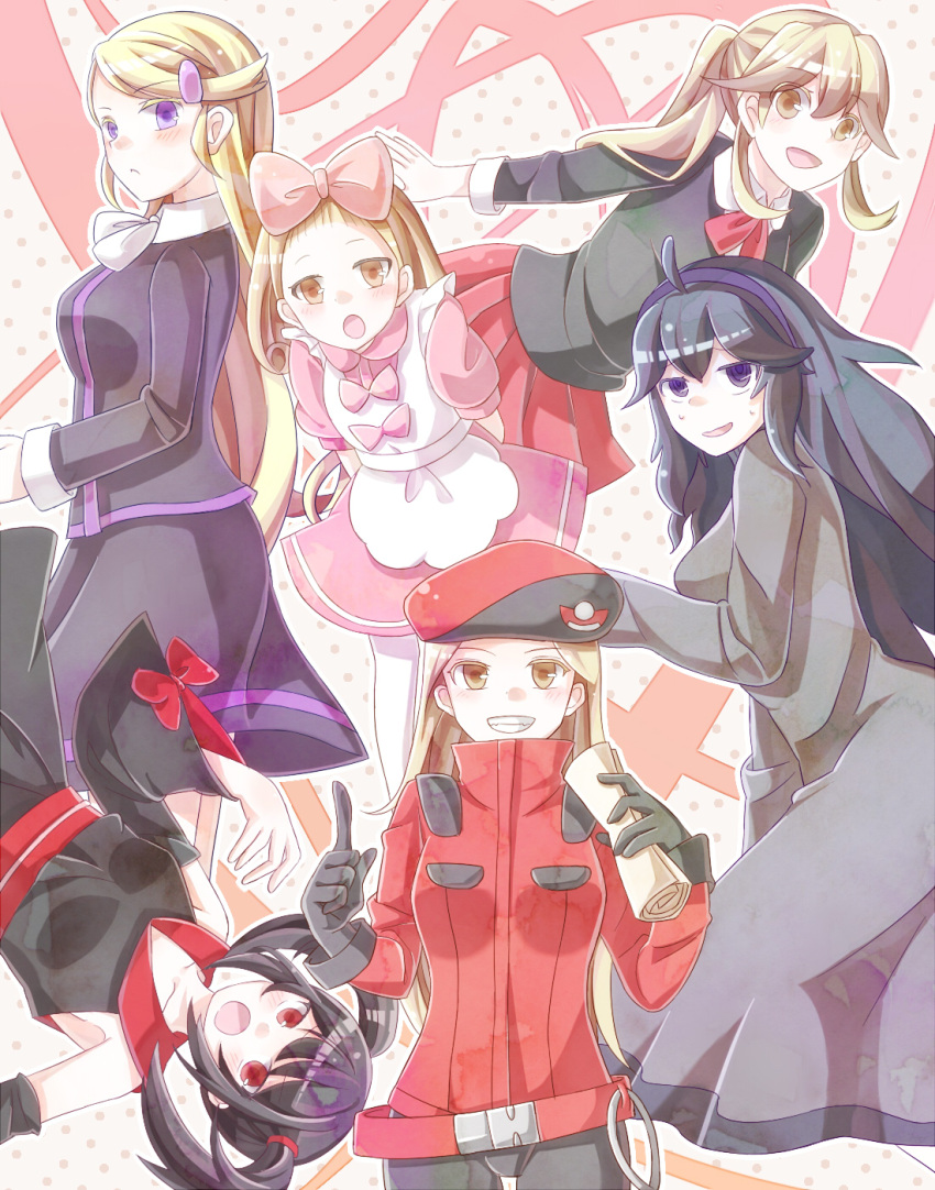 10s, 6+girls, ace_trainer_(pokemon), apron, artist_request, beret, black_hair, blonde_hair