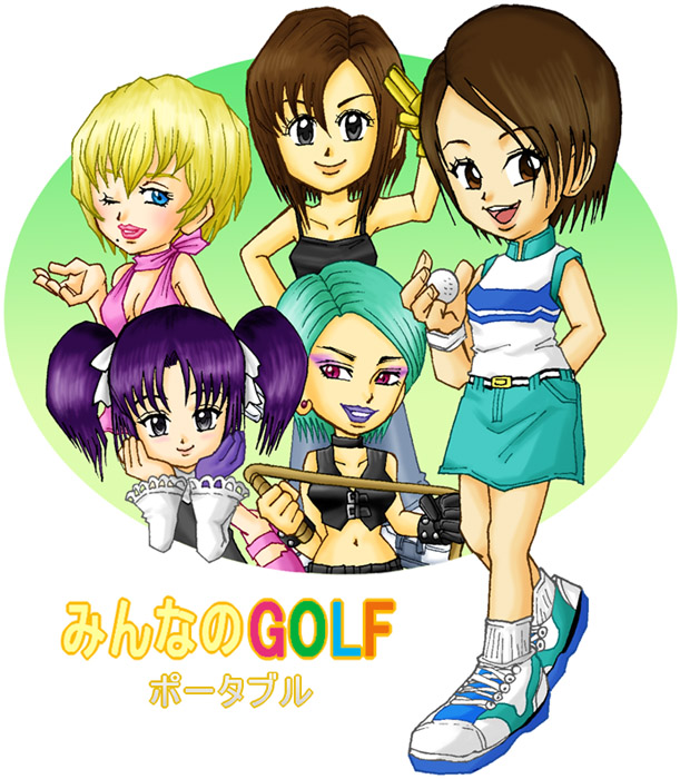 5girls, angela_(minna_no_golf), ball, blonde_hair, blue_eyes, bow, breasts, brown_eyes