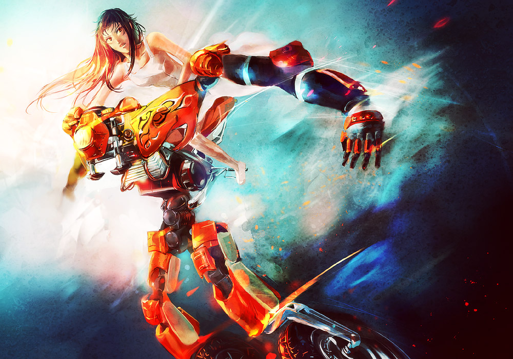 dress, fuego, long_hair, mecha, messy_hair, ogata_rin, realistic, red_eyes