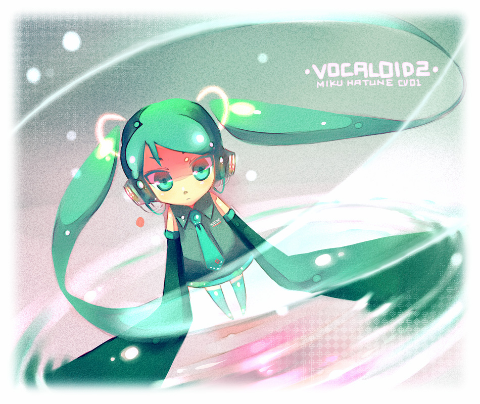 aqua_hair, bad_id, chibi, detached_sleeves, hatsune_miku, headphones, kabuteriko, long_hair, necktie, sokomushi, thigh-highs, thighhighs, twintails, very_long_hair, vocaloid