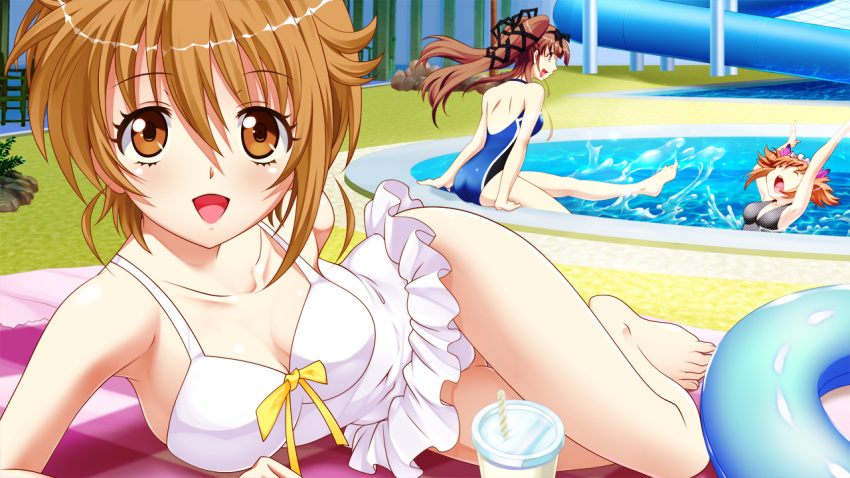 3girls, ass, barefoot, breasts, brown_hair, cleavage, closed_eyes, feet