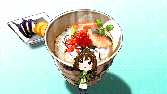 3girls, animated, animated_gif, brown_hair, chibi, food, koufuku_graffiti, machiko_ryou