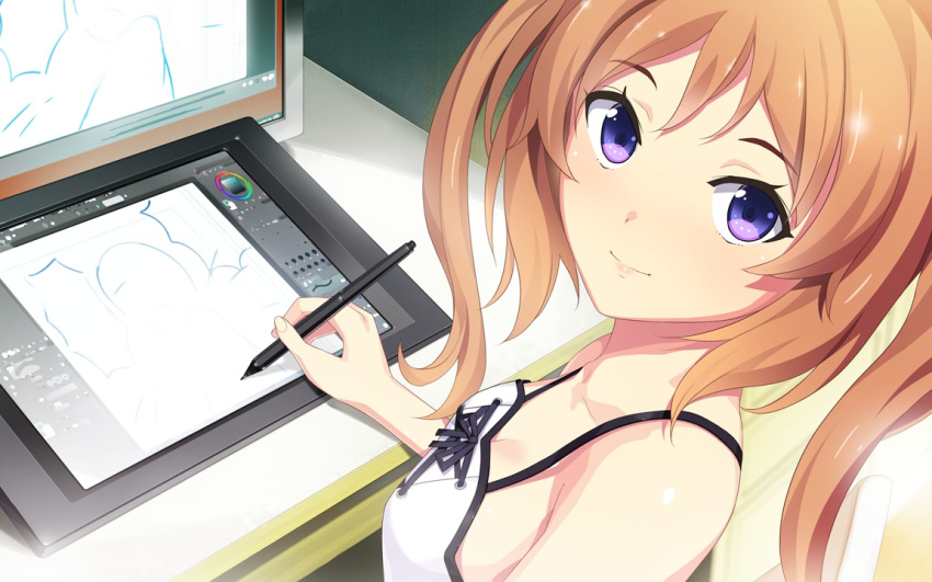 1girl, blush, breasts, cleavage, clockup, computer, drawing, ero_manga!_h_mo_manga_mo_step-up, game_cg, happy, ichikura_miu, long_hair, looking_at_viewer, monitor, orange_hair, sitting, small_breasts, smile, solo, table, takurou, takurou_(mix_fry), twintails, violet_eyes