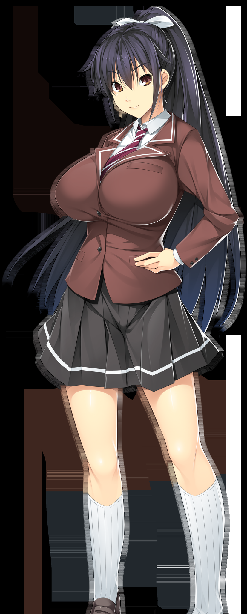 1girl, black_hair, breasts, brown_eyes, erectlip, ero_massage-shi_ni_hamerareta_kyonyuu_jk_shimai, full_body, game_cg, hair_ribbon, hand_on_hip, highres, huge_breasts, legs, long_hair, looking_at_viewer, mozuku, necktie, ponytail, ribbon, sanzen'in_kozue, school_uniform, shoes, simple_background, skirt, smile, socks, solo, standing, thighs