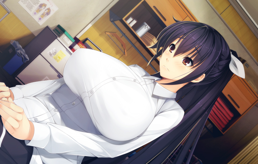 1girl, black_hair, blush, breasts, brown_eyes, erectlip, ero_massage-shi_ni_hamerareta_kyonyuu_jk_shimai, game_cg