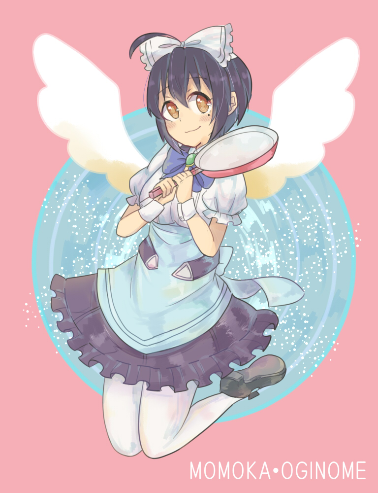 1girl, black_hair, bow, brown_eyes, character_name, cross_ange, frying_pan, hair_bow