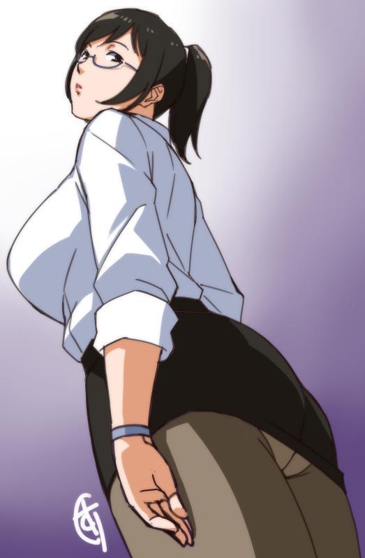 1girl, black_hair, breasts, from_below, ganto, glasses, holon, looking_at_viewer