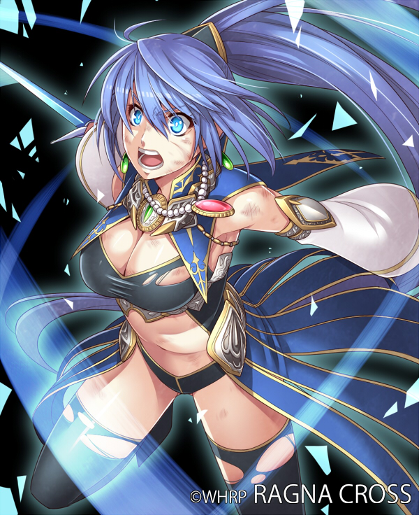 1girl, attack, black_legwear, blue_eyes, blue_hair, breasts, cleavage, earrings