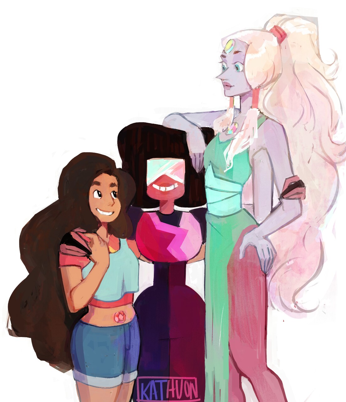 1other, 2girls, afro, arm_around_shoulder, black_hair, brown_hair, cartoon_network, curly_hair, dark_skin, denim, denim_shorts, forehead_jewel, fusion, garnet_(steven_universe), gem, grey_skin, grin, hand_on_hip, highres, kathuon, kathvon, long_hair, midriff, monster_girl, multiple_arms, multiple_girls, opal_(steven_universe), opaque_glasses, ponytail, queer, shorts, silver_hair, simple_background, smile, steven_universe, stevonnie, stevonnie_(steven_universe), sunglasses, trait_connection, trans, very_long_hair, visor, white_background, white_hair
