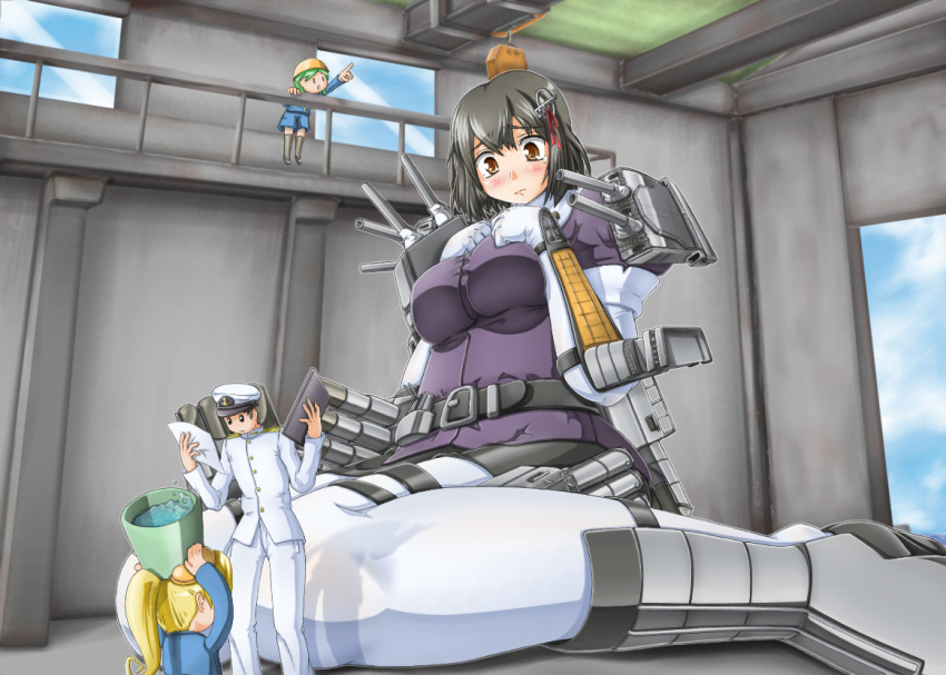 admiral_(kantai_collection), breast_suppress, giantess, haguro_(kantai_collection), hangar, kantai_collection, kneeling, lovezawa