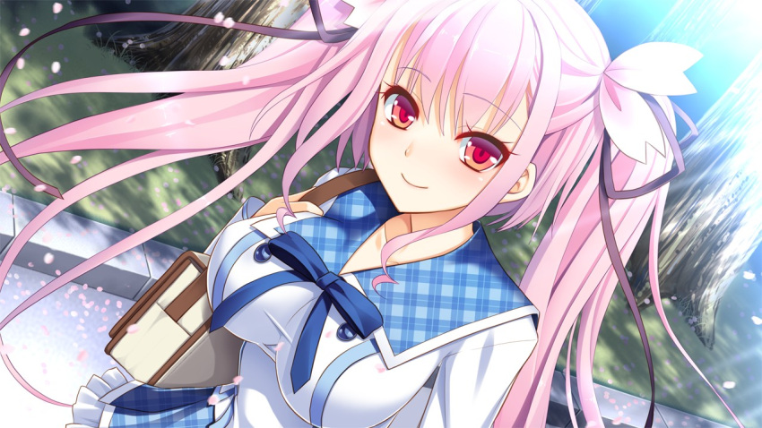 1girl, alto_seneka, breasts, game_cg, kamishiro_rise, long_hair, outdoors, pink_hair