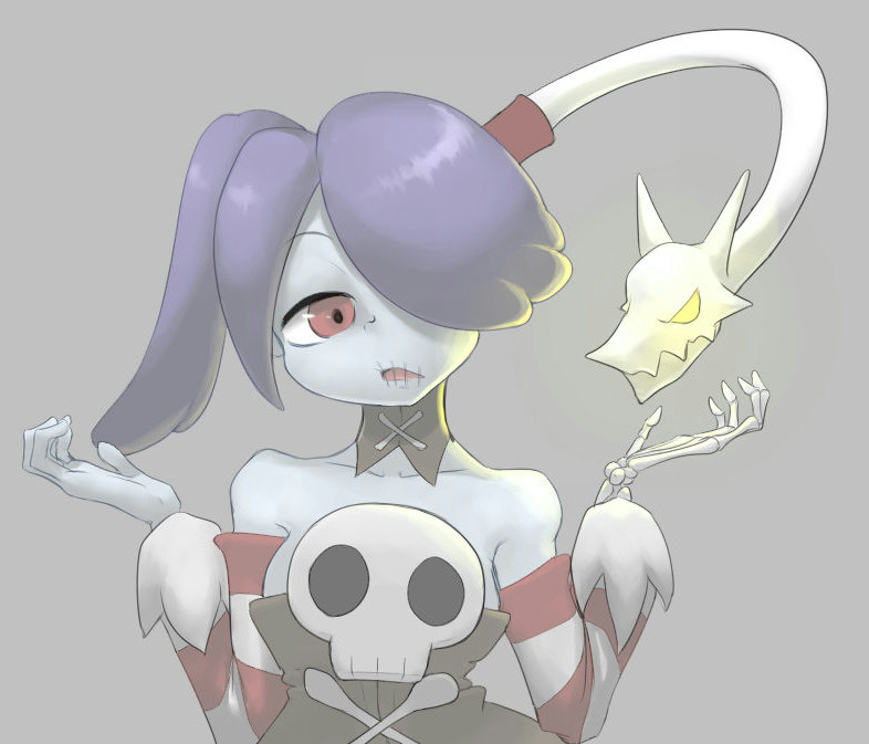 1boy, 1girl, blue_hair, blue_skin, bone, detached_collar, detached_sleeves, hair_over_one_eye