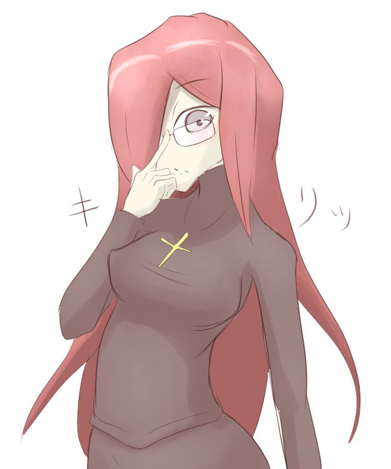 1girl, bespectacled, cross, female, glasses, hair_over_one_eye, kurokuro_(pmnovel), long_hair